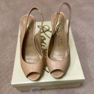 Nude leather peep toe sling backs
